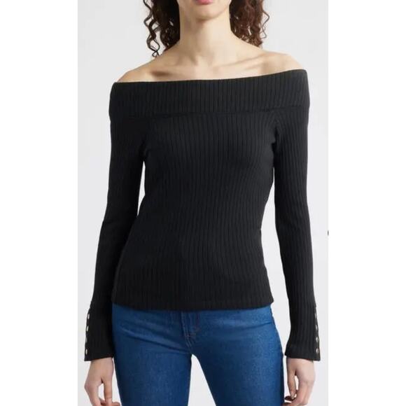 Nation Ltd Val Off the Shoulder Cotton Rib Top in Black. Size XL. NWOT - Picture 1 of 9